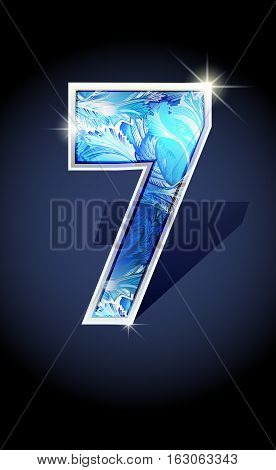 Blue frost winter number seven on dark background isolated. Blue frost illustration number 7 for winter 2017 date design. Number 7 icon. Vector illustration stock vector.