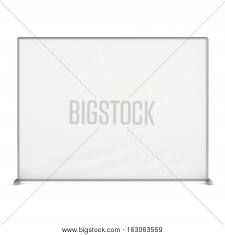 Billet press wall with blank banner. Mobile trade show booth white and blank. 3d render isolated on white background. High Resolution Template for your design.