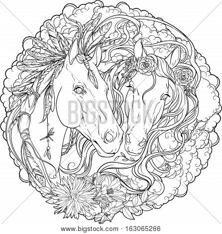 Portrait of two horses, male and stallion with flowers and clouds. Coloring page.