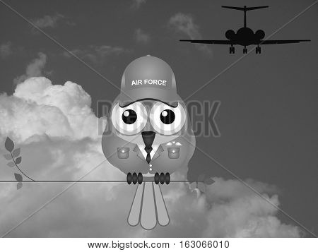 Monochrome comical bird Airman sat on a tree branch against a cloudy sky