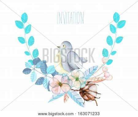 Illustration, wreath with watercolor cute bird, blue plants, flowers and cotton flower, hand drawn isolated on a white background, invitation, greeting card