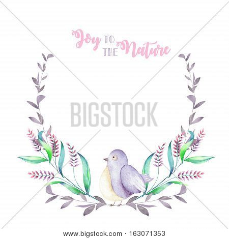 Illustration, wreath with watercolor cute bird, purple forest plants, hand drawn isolated on a white background, invitation, greeting card