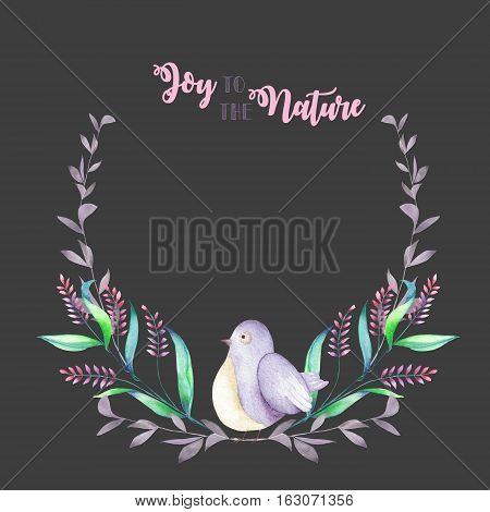 Illustration, wreath with watercolor cute bird, purple forest plants, hand drawn isolated on a dark background, invitation, greeting card