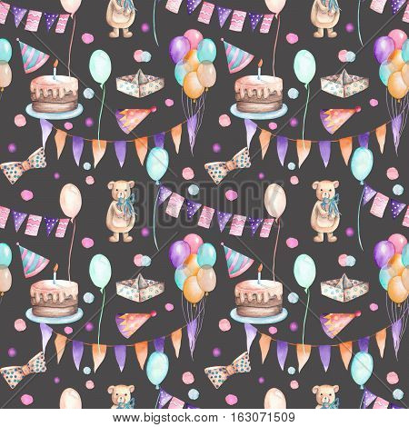 Seamless party pattern with garland of the flags, confetti, cake, air balloons, bows and gifts; hand painted in watercolor on a dark background