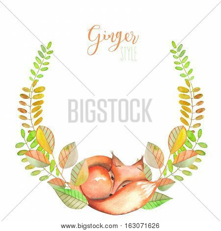Illustration, wreath with watercolor fox, blue and orange plants, hand drawn isolated on a white background, invitation, greeting card