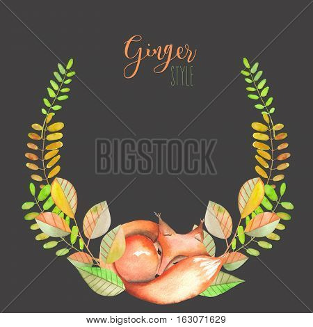 Illustration, wreath with watercolor fox, green and orange plants, hand drawn isolated on a dark background, invitation, greeting card