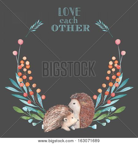 Illustration, wreath with watercolor hedgehogs and forest plants, hand drawn isolated on a dark background, invitation, greeting card