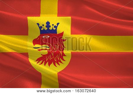 Flag of Scania is the southernmost province of Sweden. 3d illustration