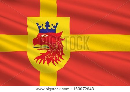 Flag of Scania is the southernmost province of Sweden. 3d illustration