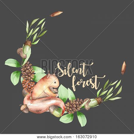 Illustration, wreath with watercolor squirrel, fir cones, oak acorns and green branches, hand drawn isolated on a dark background, invitation, greeting card