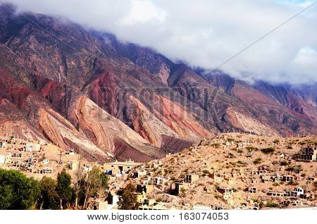 Long shot of the Cerro de los siete colores or the hill of seven colors in Humahuaca in Argentina South America