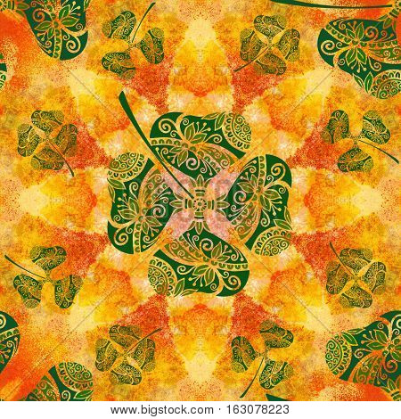 Seamless Background, Tile Ornament, Clover Plants with Symbolical Floral Pattern, with Four-Sheeted Quadrifoliate Tetraphyllous Happy on Hand-Draw Watercolor Painting