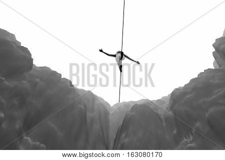 man goes over a precipice on a rope 3D illustration