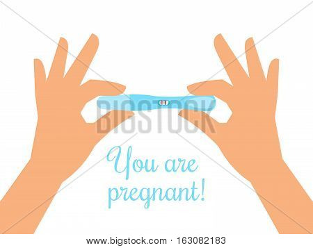 Pregnancy test with happy woman hands. Pregnant medical results vector. Positive result pregnant, illustration of test medical