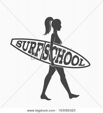 Woman goes surfing with surfboard. Surf school logo. Vector illustration.