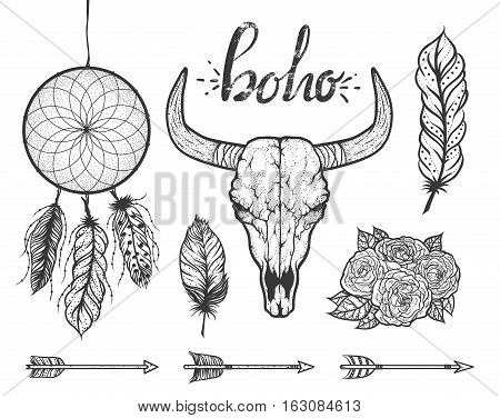Set of Boho elements. Bull skull native Americans tribal style. Dotted Tattoo blackwork. Vector hand drawn illustration.
