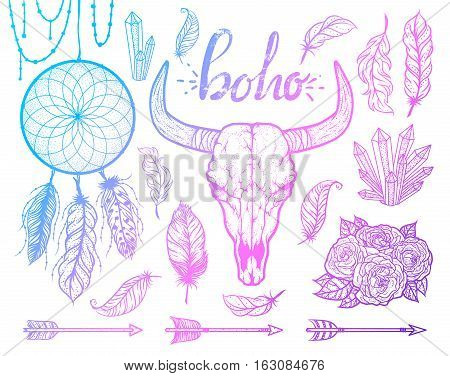 Set of Boho elements. Bull skull native Americans tribal style. Dotted Tattoo blackwork. Vector hand drawn illustration.