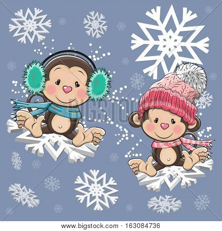 Two Cute Monkeys are flying on the snowflakes