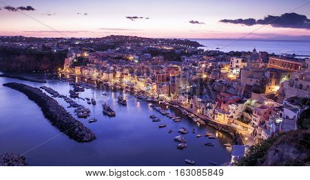 Corricella village on Procida island at night Italy