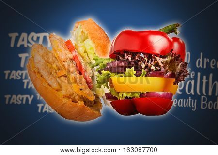 The sandwich and Healthy sandwich with fresh pepper, onion, salad lettuce on blue background. Detox diet and healthy lifestyle.