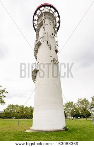 Famous lighthouse on danube river island, vienna, austria