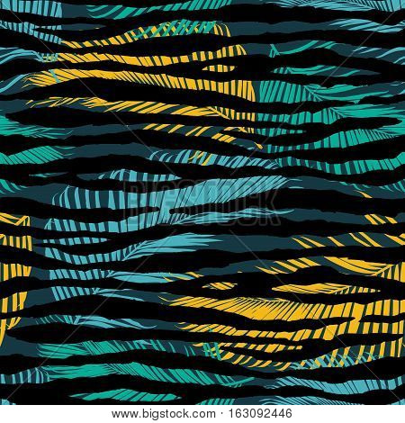 Fashionable seamless palm leaves pattern background. Colorful zebra exotic animal print. Vector pattern.
