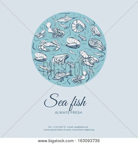 Seafood concept. Template with fish silhouettes for menu or brochure. Vector illustration