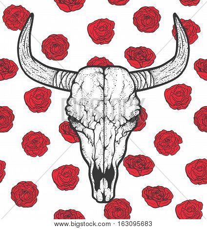 Bull skull with roses native Americans tribal style. Dotted Tattoo blackwork. Vector hand drawn illustration. Boho design