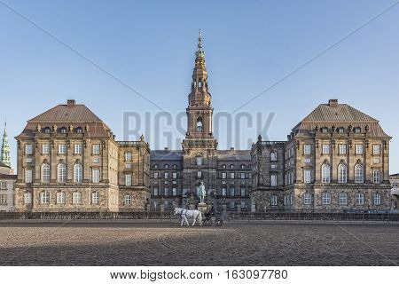 COPENHAGEN DENMARK - DECEMBER 24 2016: Christianborg palace courtyard view in Copenhagen Denmark.