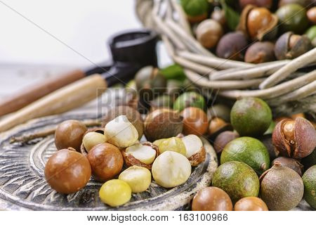 Macadamia nuts is shell harvest close up