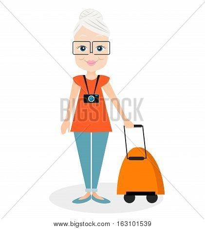 Grandmother With A Packsack Travel. Travelling With The Knapsack. Vector Illustration Eps 10 Isolate