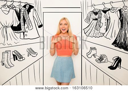 Portrait Of Cute Happy Cheerful Surprised Woman In Drawn Wonder Wardrobe