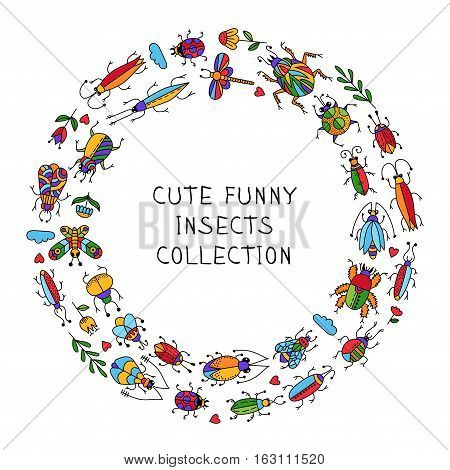 Cute colorful funny childish bus in circle doodles collection