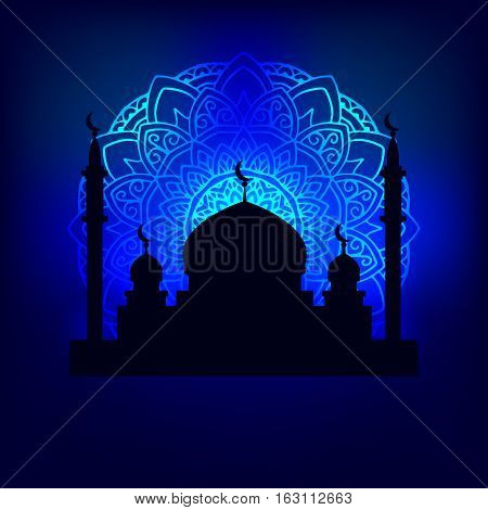 vector illustration silhouette of the Arab temple in the night sky illuminated pattern mandala moonlight