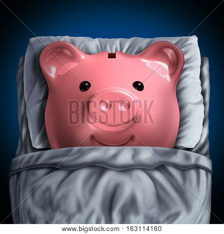 Inactive savings banking account symbol as a piggy bank resting in bed as a dormant unclaimed financial investment metaphor with 3D illustration elements.