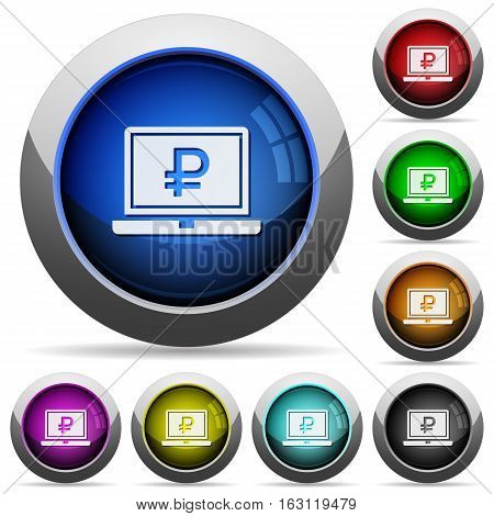 Laptop with Ruble sign icons in round glossy buttons with steel frames