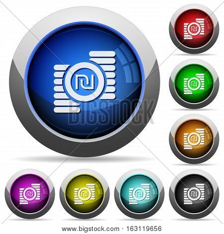 Israeli new Shekel coins icons in round glossy buttons with steel frames