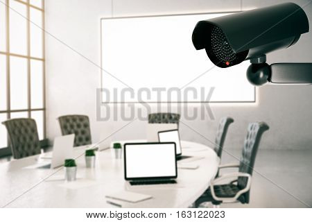 Modern conference room inteior with CCTV camera. 3D Rendering