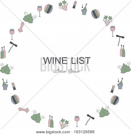 Wine list restaurant menu circle template. Line style green, blue, pink, dark blue icons on white. Perfect wine design element stock vector illustration