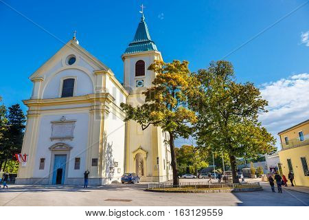 Vienna, Austria - 15 October, 2016: Tousists Visit St. Josefskirche At Kahlenberg In Vienna, Austria