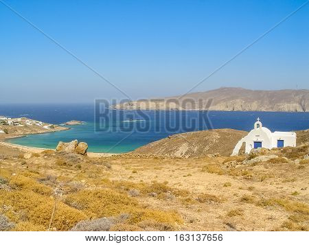 Ftelia Beach Under The Blue Sky In Mykonos, Greece