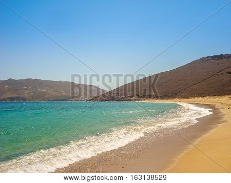 Ftelia Beach Under The Blue Sky In Mykonos, Greece