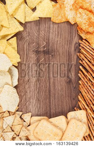 Frame Of Breadsticks, Cookies And Crisps, Concept Of Unhealthy Food, Copy Space For Text