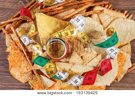 Centimeter With Salted Crisps, Cookies And Breadsticks, Concept Of Unhealthy Food And Slimming