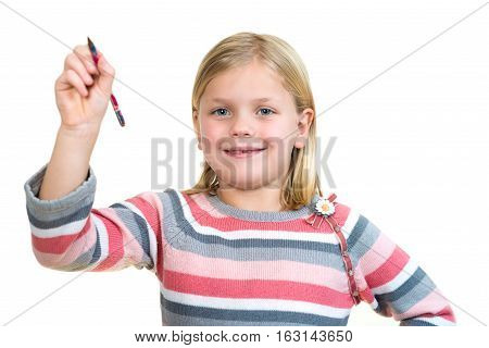 education, school and imaginary screen concept - cute little girl drawing in the air or imaginary screen