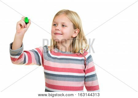 education, school and imaginary screen concept - cute little girl drawing in the air or imaginary screen