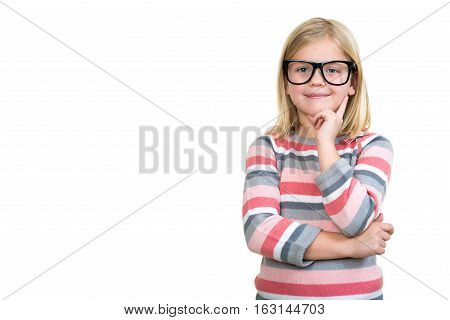 Adorable child in glasses thinking isolated on white.