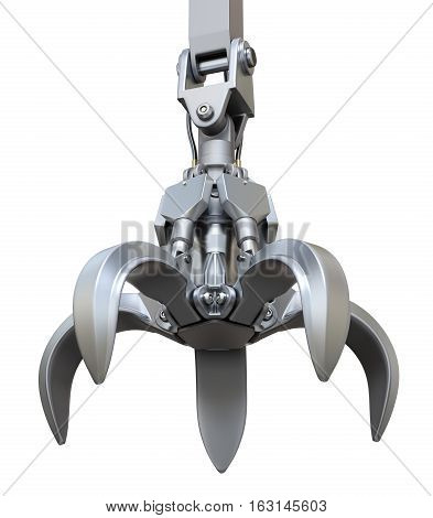 Metallic industrial mechanical claw for junk yard isolated on white background - 3D illustration