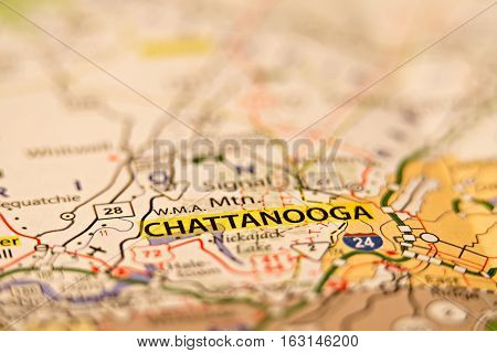 Closeup of Chattanooga on a geographical map.