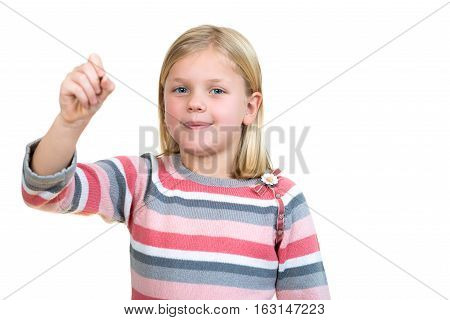 education, school and imaginary screen concept - cute little girl drawing in the air or imaginary screen